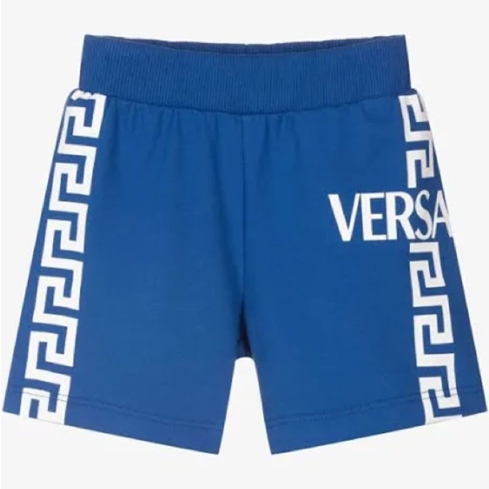 VERSACE BOYS BLUE & WHITE LOGO SHORTS 36M